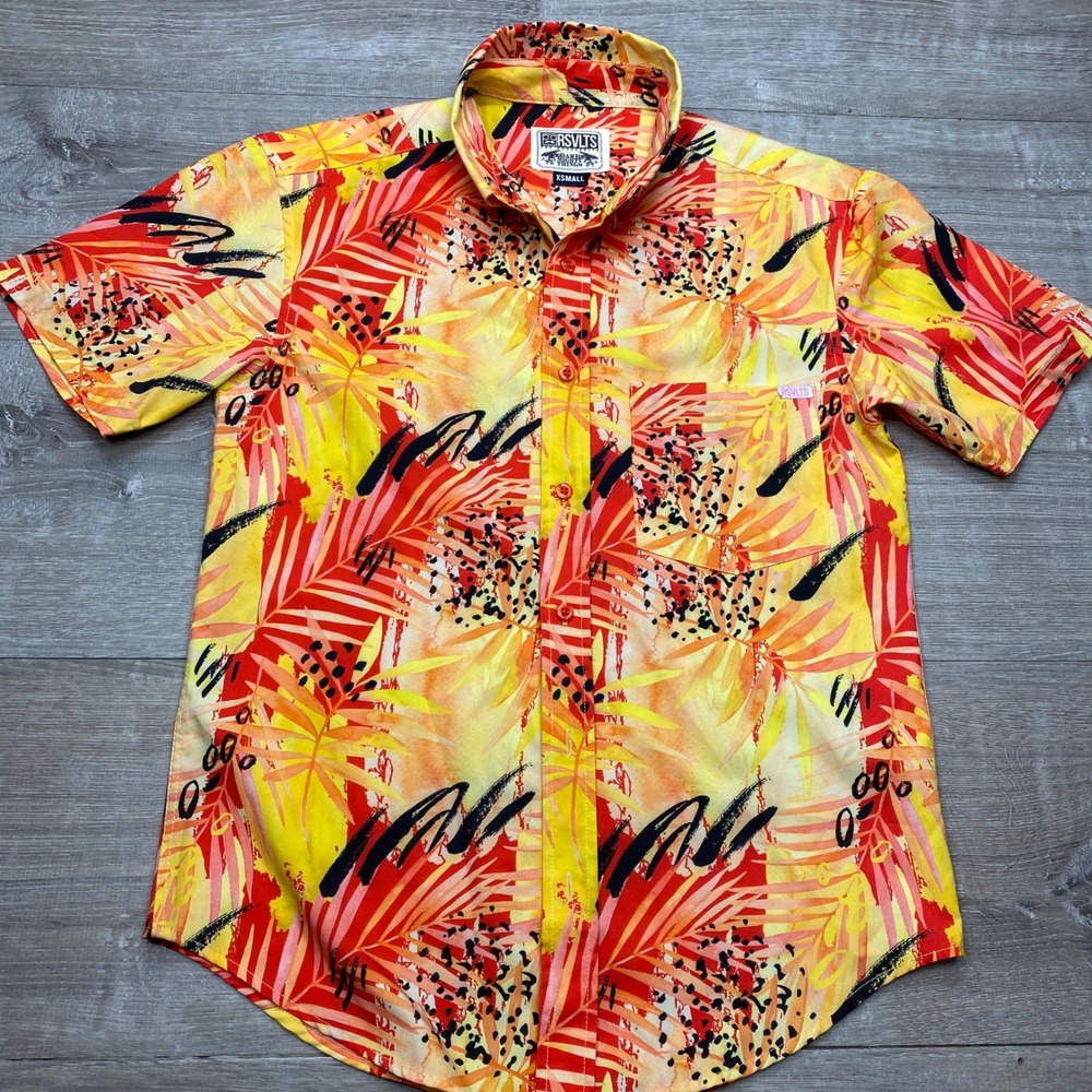RSVLTS Button Down Shirt Mens XS Yellow Tropical Palm Kunuflex Short Sleeve